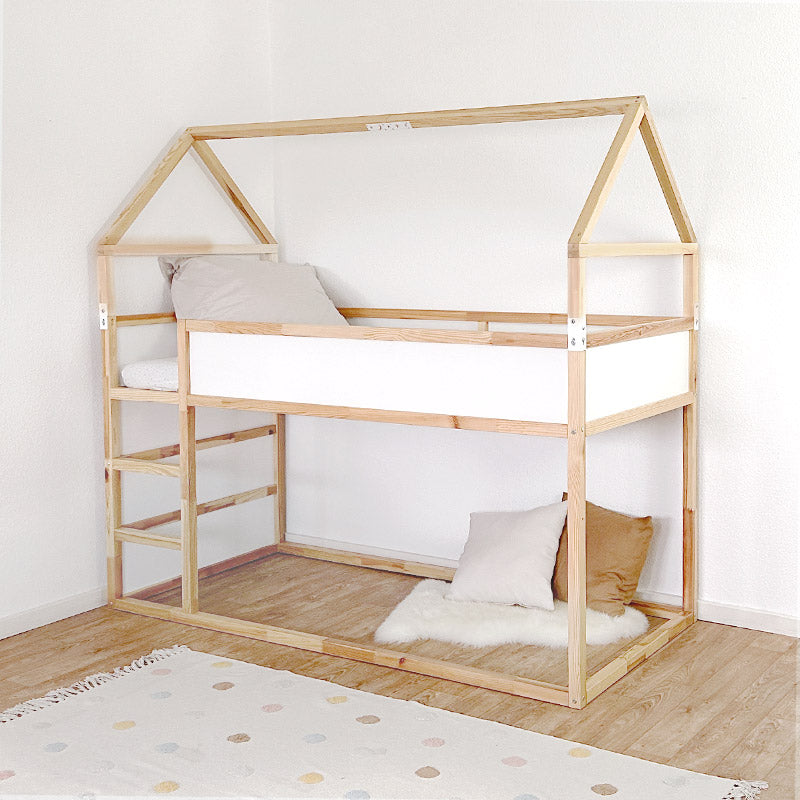 IKEA Kura Bett mit Erhöhung und Dachgestell aus Kiefernholz.