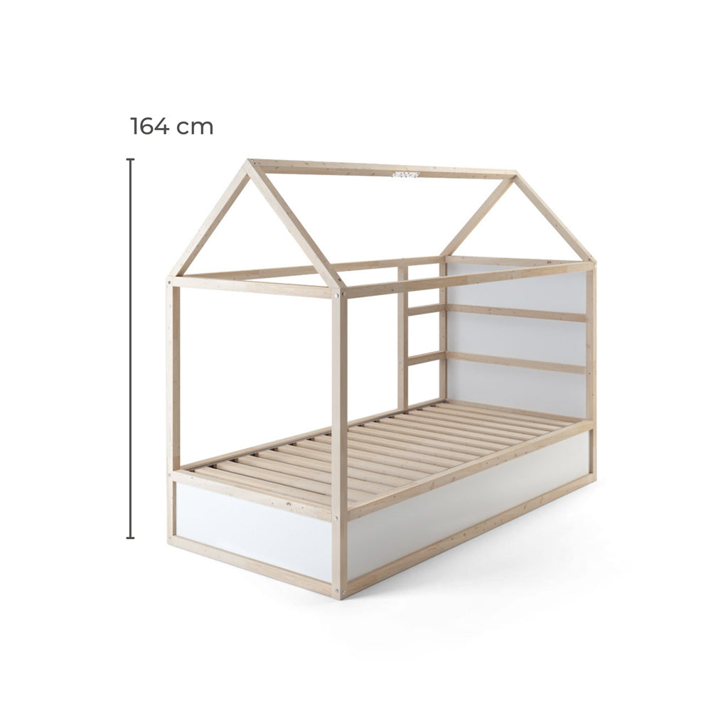IKEA Kura Bett mit Dach und Maßangaben.