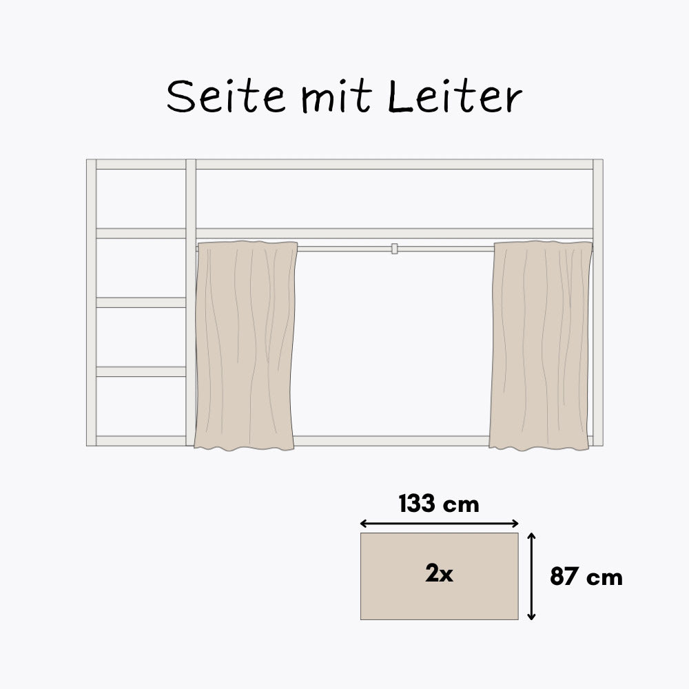 Technische Zeichnung vom IKEA Kura Bett mit Leiter, beigen Kura Vorhängen und entsprechenden Maßangaben.