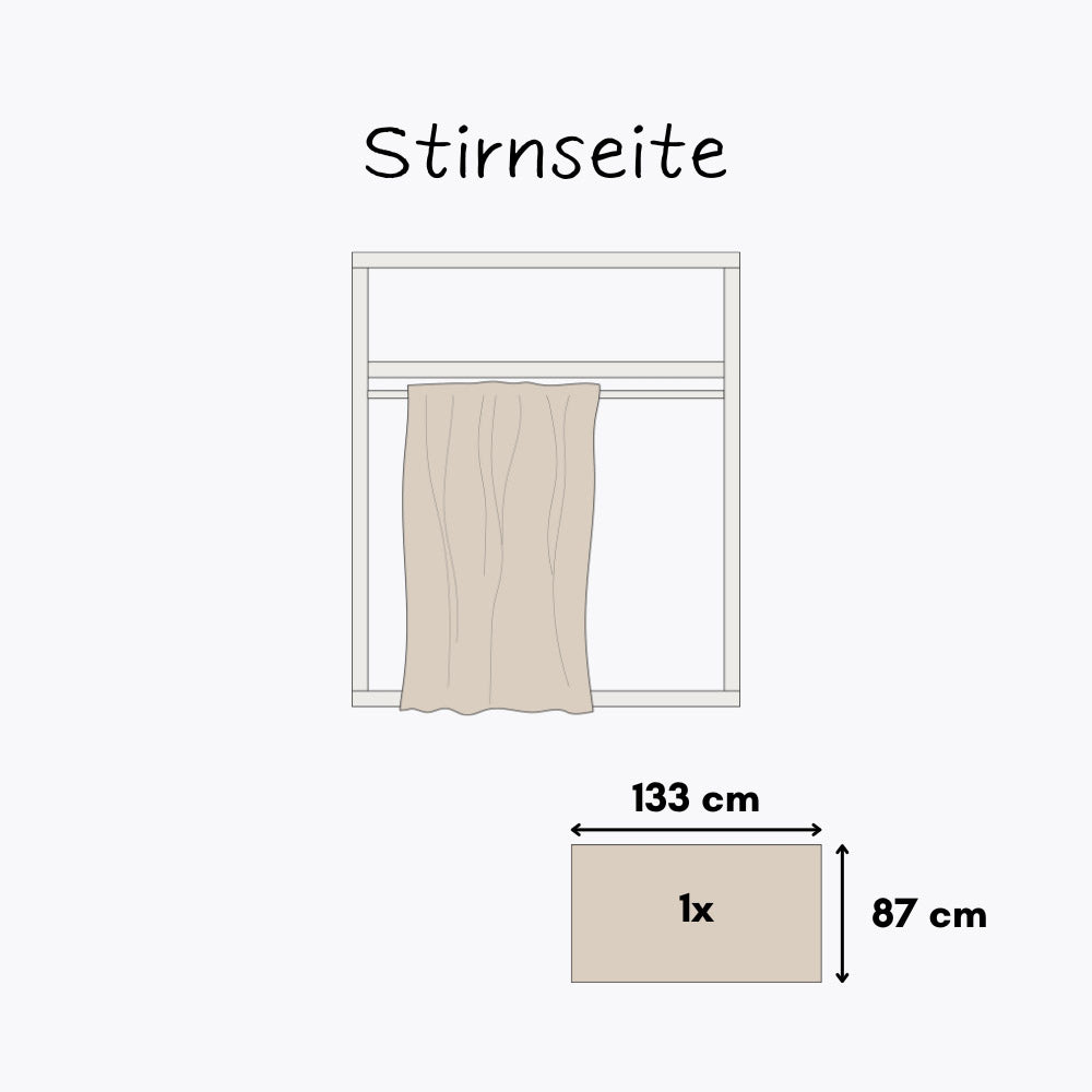Technische Zeichnung vom IKEA Kura Bett mit beigem Kura Vorhang und entsprechenden Maßangaben.