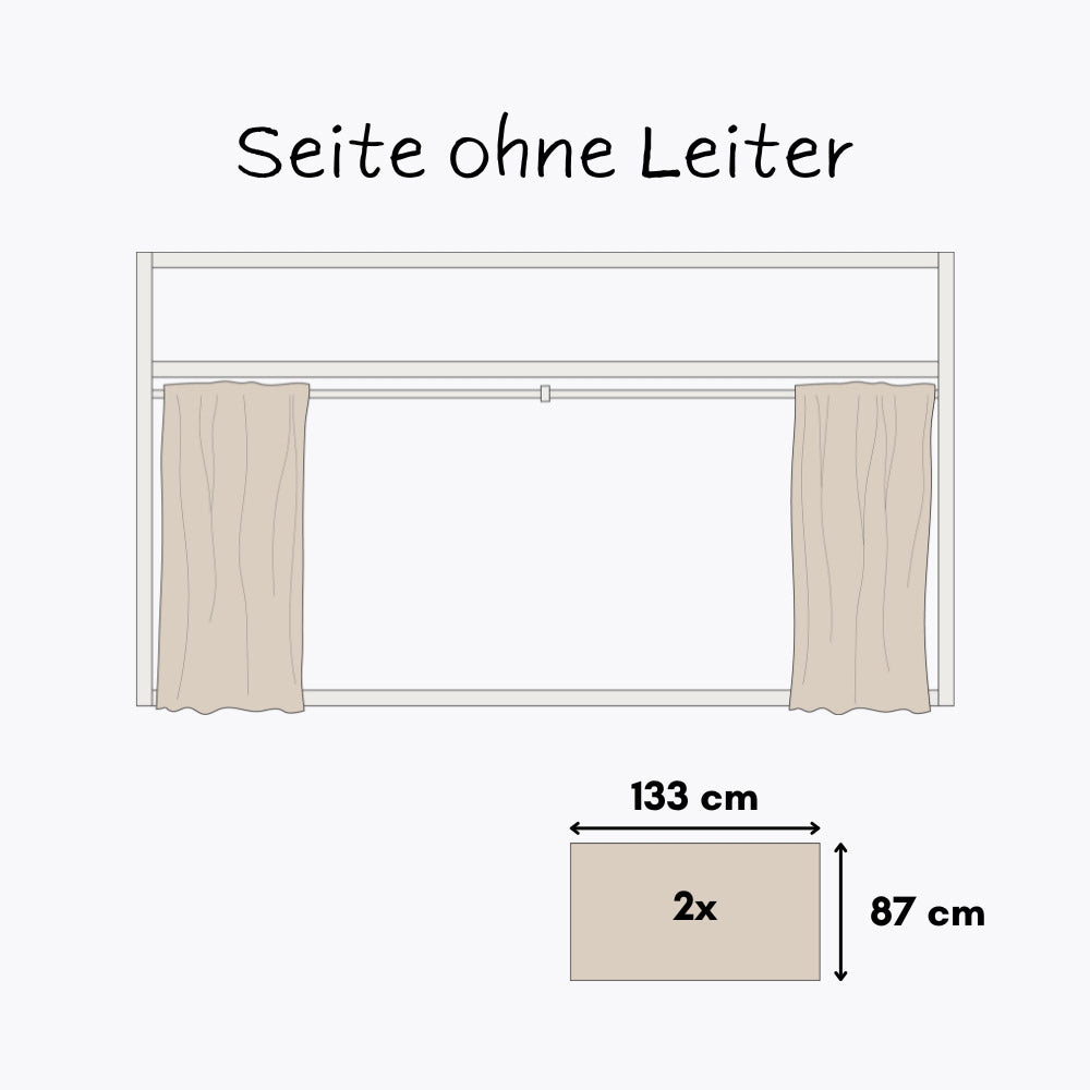 Technische Zeichnung vom IKEA Kura Bett mit beigen Kura Vorhängen und entsprechenden Maßangaben.