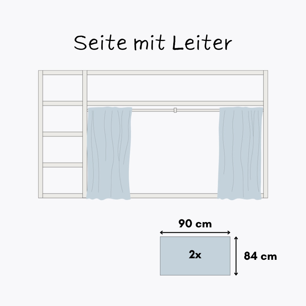 Technische Zeichnung vom IKEA Kura Bett mit Leiter, blauen Kura Vorhängen und entsprechenden Maßangaben.