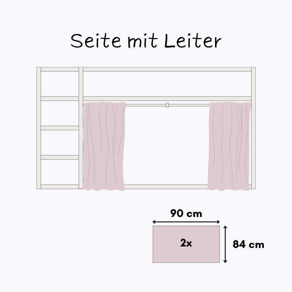 Technische Zeichnung vom IKEA Kura Bett mit Leiter, Vorhängen und entsprechenden Maßangaben.