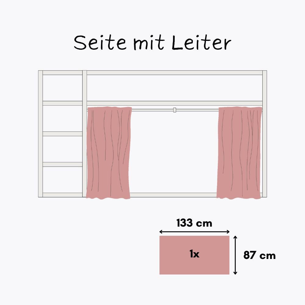 Technische Zeichnung vom IKEA Kura Bett mit Leiter, Vorhängen und entsprechenden Maßangaben.