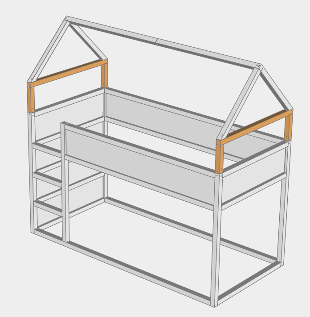 Technische Zeichnung vom IKEA Kura Bett mit Erhöhung und Dachgestell.