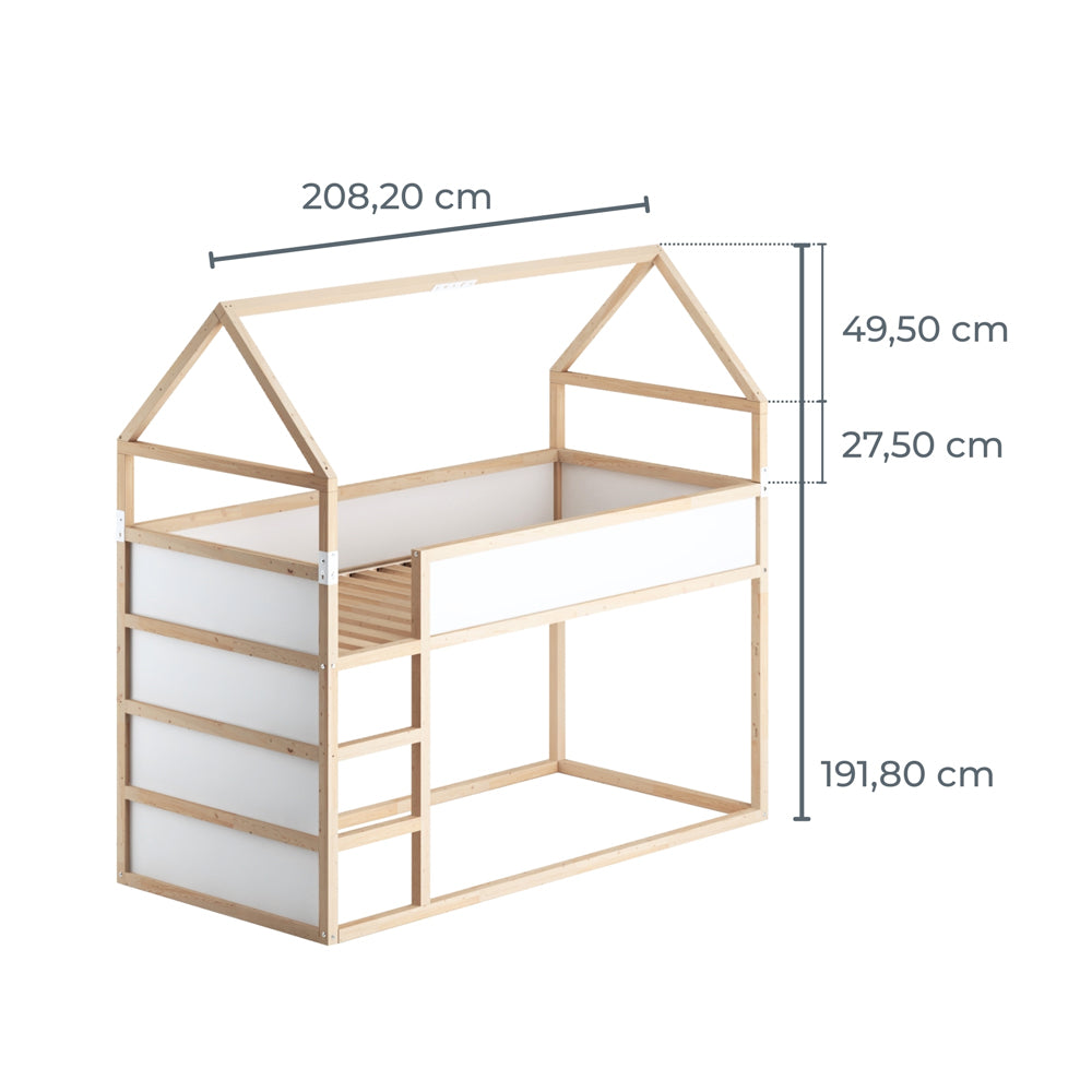 Kura Hochbett mit Erhöhung und Dach und entsprechenden Maßangaben.