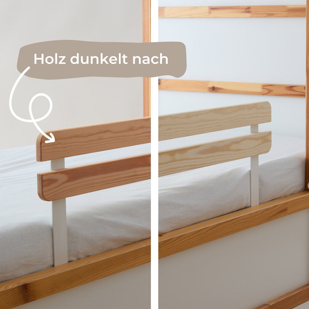 Vergleichsbild des Rausfallschutzes für das IKEA KURA Kinderbett: links dunkler nachgedunkeltes Holz, rechts helleres Holz im Neuzustand