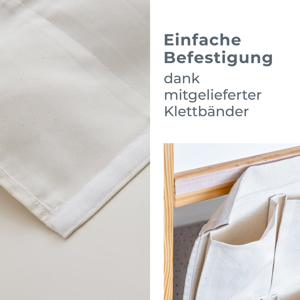 Detailaufnahme der Befestigung der Aufbewahrungstasche für das Kura Bett mittels Klettbändern.