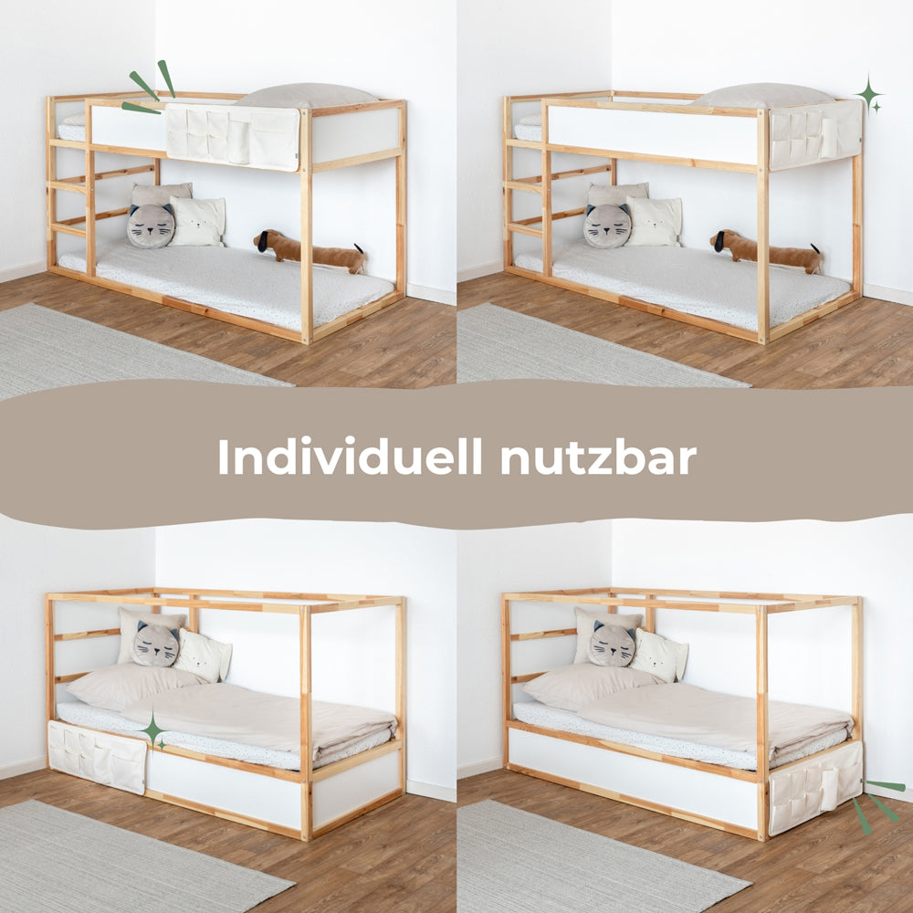 IKEA Kura Bett mit Betttasche mit 9 Fächern, die flexibel am Bett befestigt werden kann.