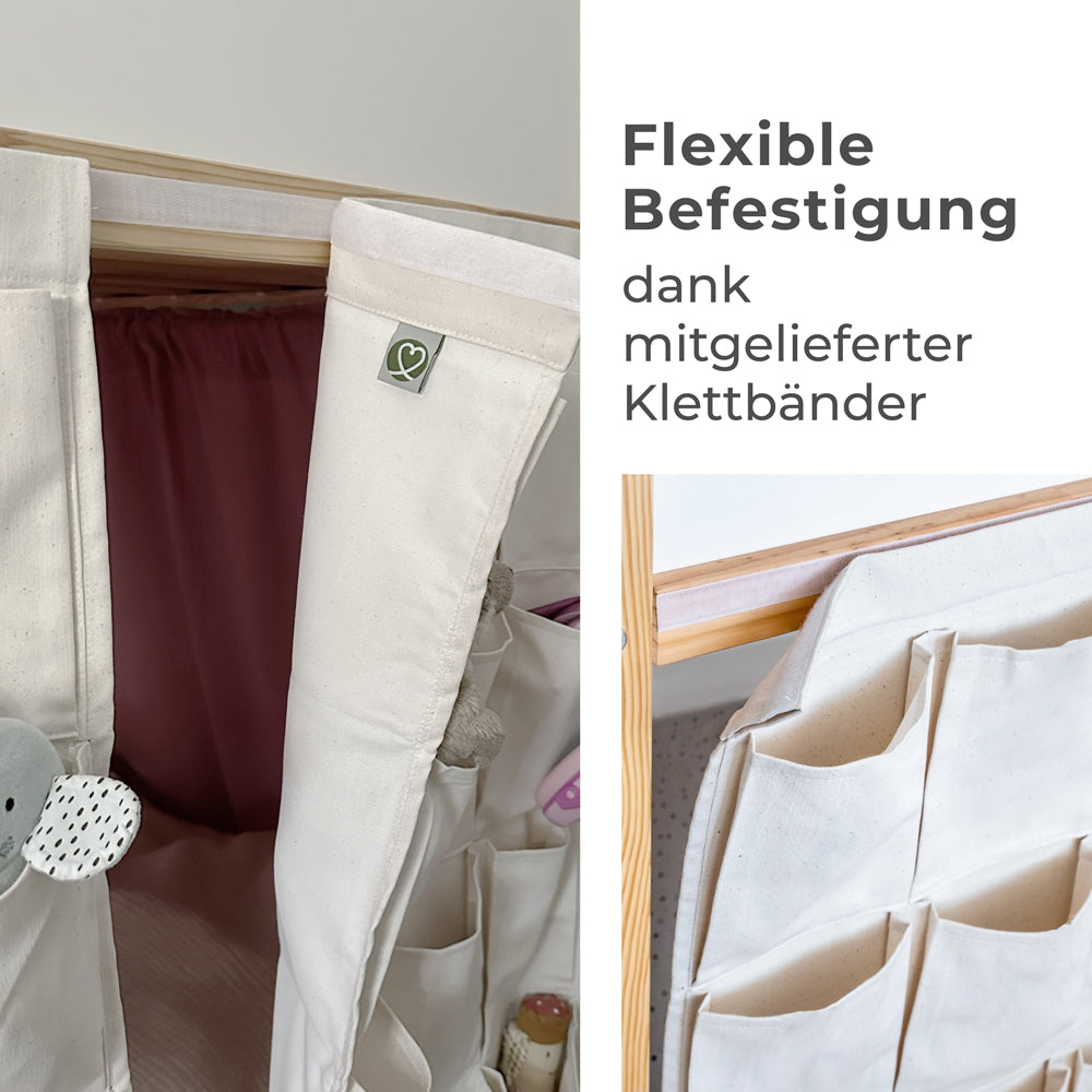 Detailaufnahme der Befestigung der textilen Kura Aufbewahrung durch Klettbänder.