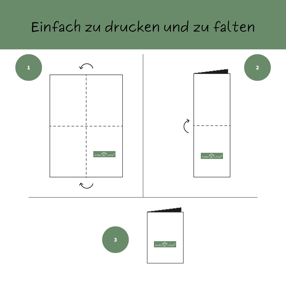 Anleitung zum Drucken und Falten für den kura love Gutschein.