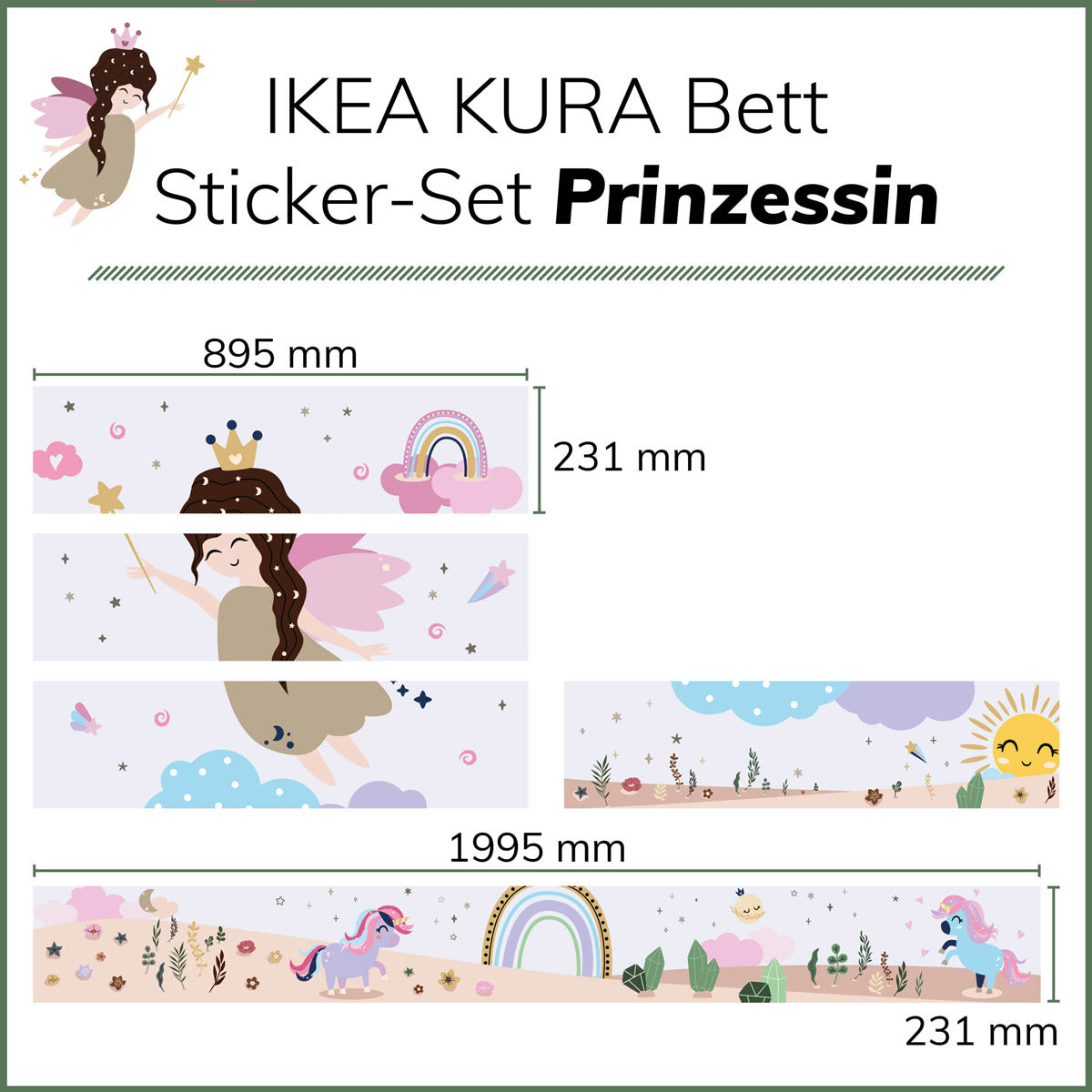 Maßangaben Prinzessin Sticker-Set für Ikea Kura Kinderbett