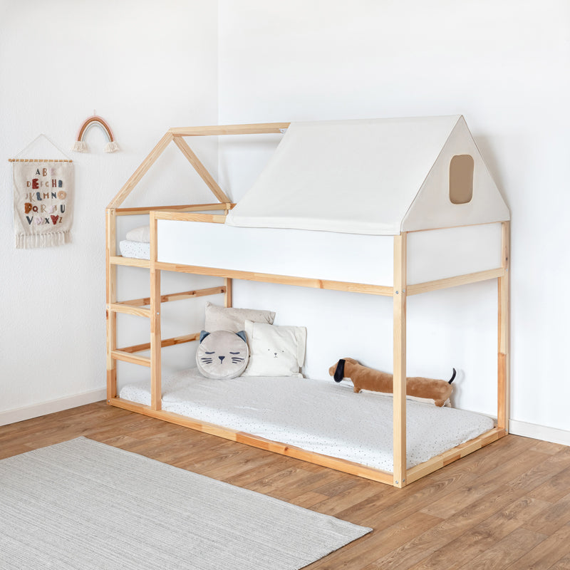 IKEA Kura Hausbett mit Dachgerüst und Stoffbezug.