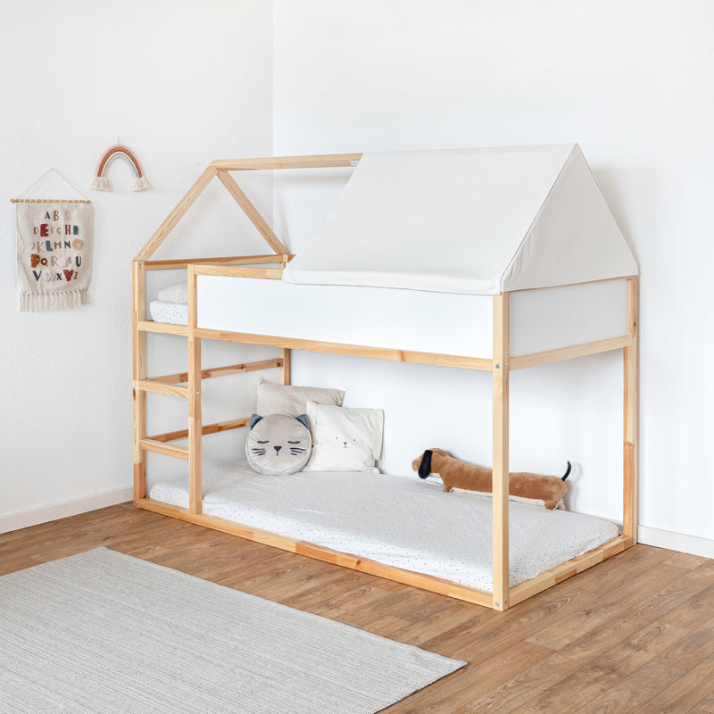 IKEA Kura Hausbett mit Dach und Stoffüberzug.