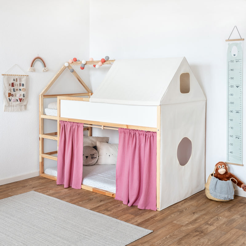 Hausbett Set 3 mit Dach und rosa Vorhängen für Ikea Kura Hochbett aus Stoffvorhängen