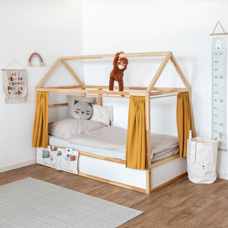 Kura Hausbett mit Dach, Vorhängen und Spielzeugaufbewahrung mit 9 Fächern für das IKEA Kura Kinderbett.