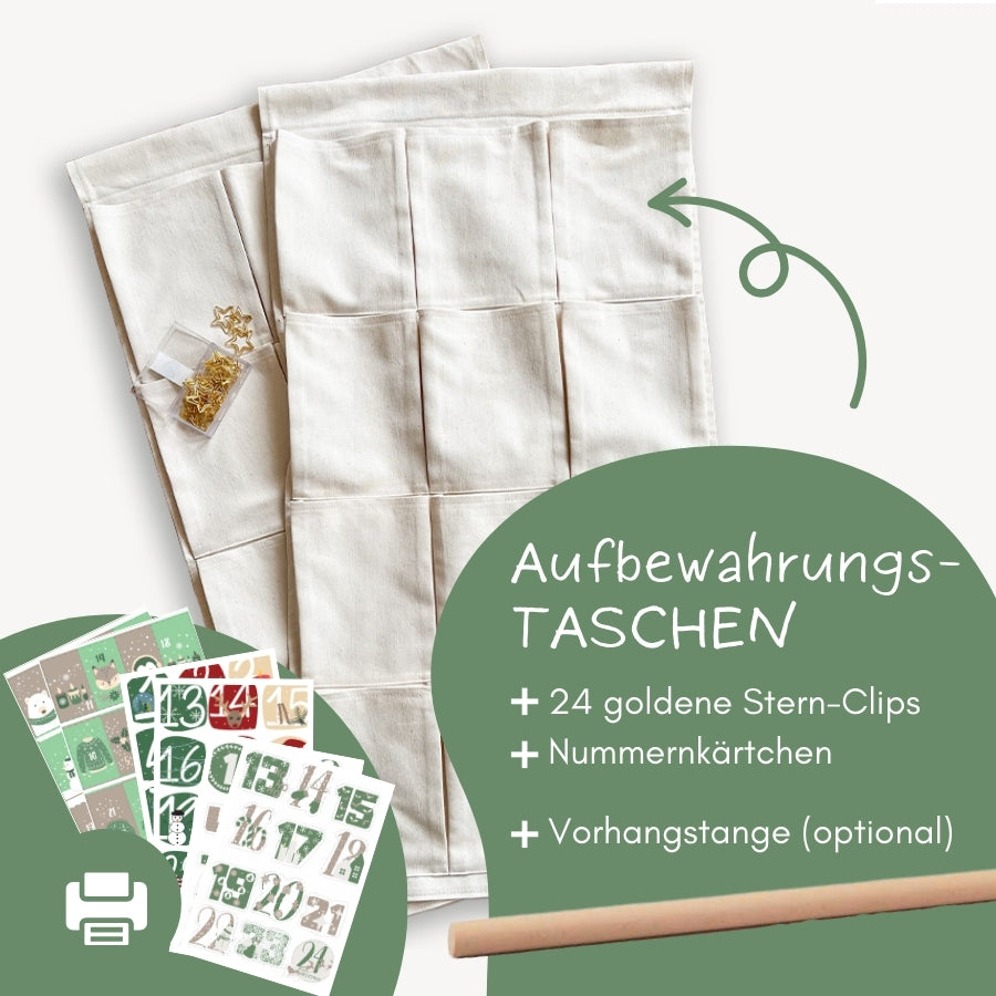 2 naurfarbene Vorhänge mit Taschen, die man als Adventskalender nutzen kann.