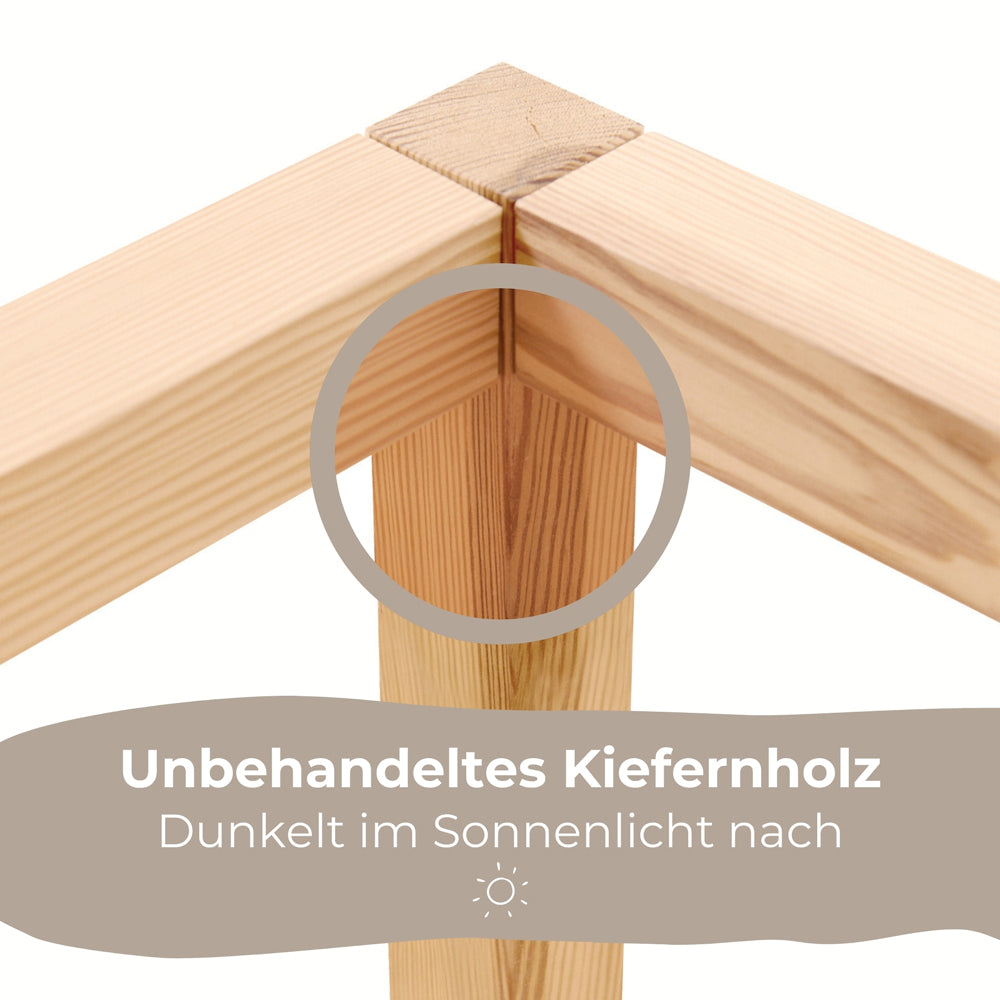 Detailaufnahme vom Kura Dach aus unbehandeltem Kiefernholz.