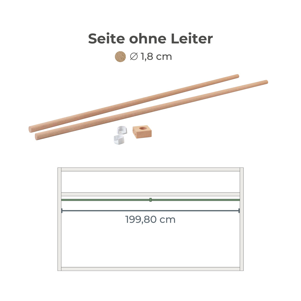 Kura Vorhangstange für die Seite ohne Leiter mit entsprechenden Maßangaben.