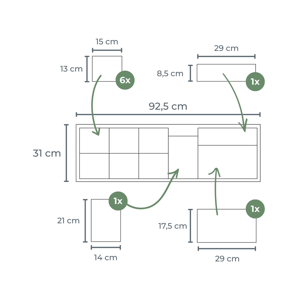 Technische Zeichnung der Kura Aufbewahrung mit 9 Fächern und entsprechenden Maßangaben.
