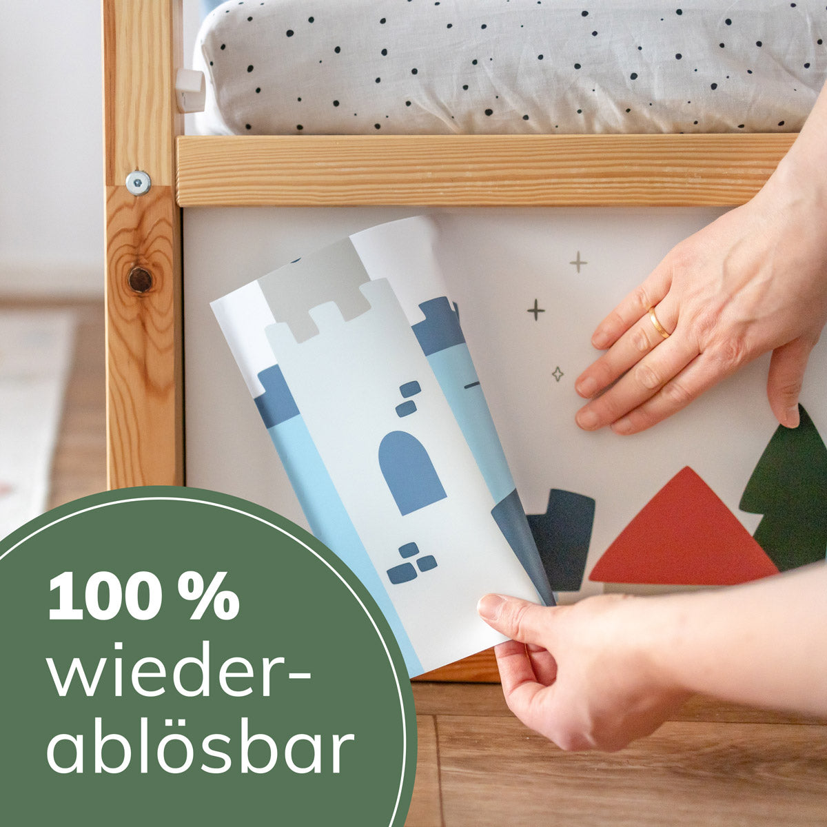 Detailansicht 100% wiederablösbare Ritter Stickerset für Ikea Kura Kinderbett