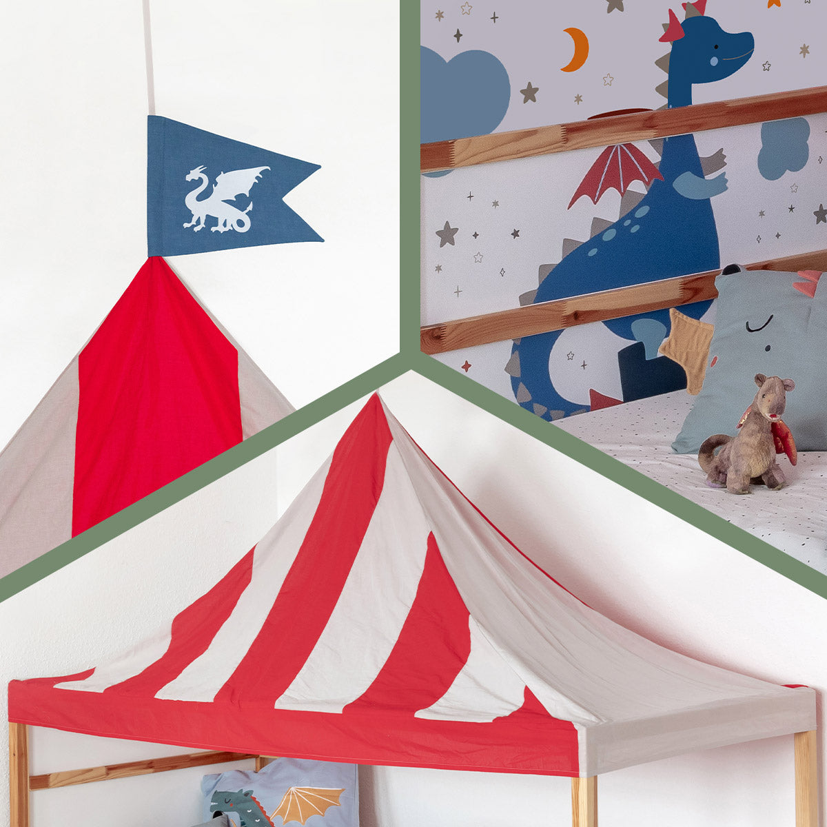 Detailansicht des Ritter Betthimmel Sets in Rotweiss mit Flagge und Ritter Stickerset für das Ikea Kura Kinderbett