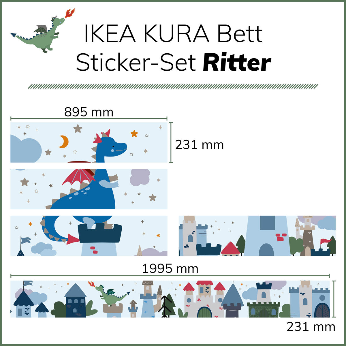Maßangaben für Ritter Sticker-Set für das Ikea Kura Kinderbett
