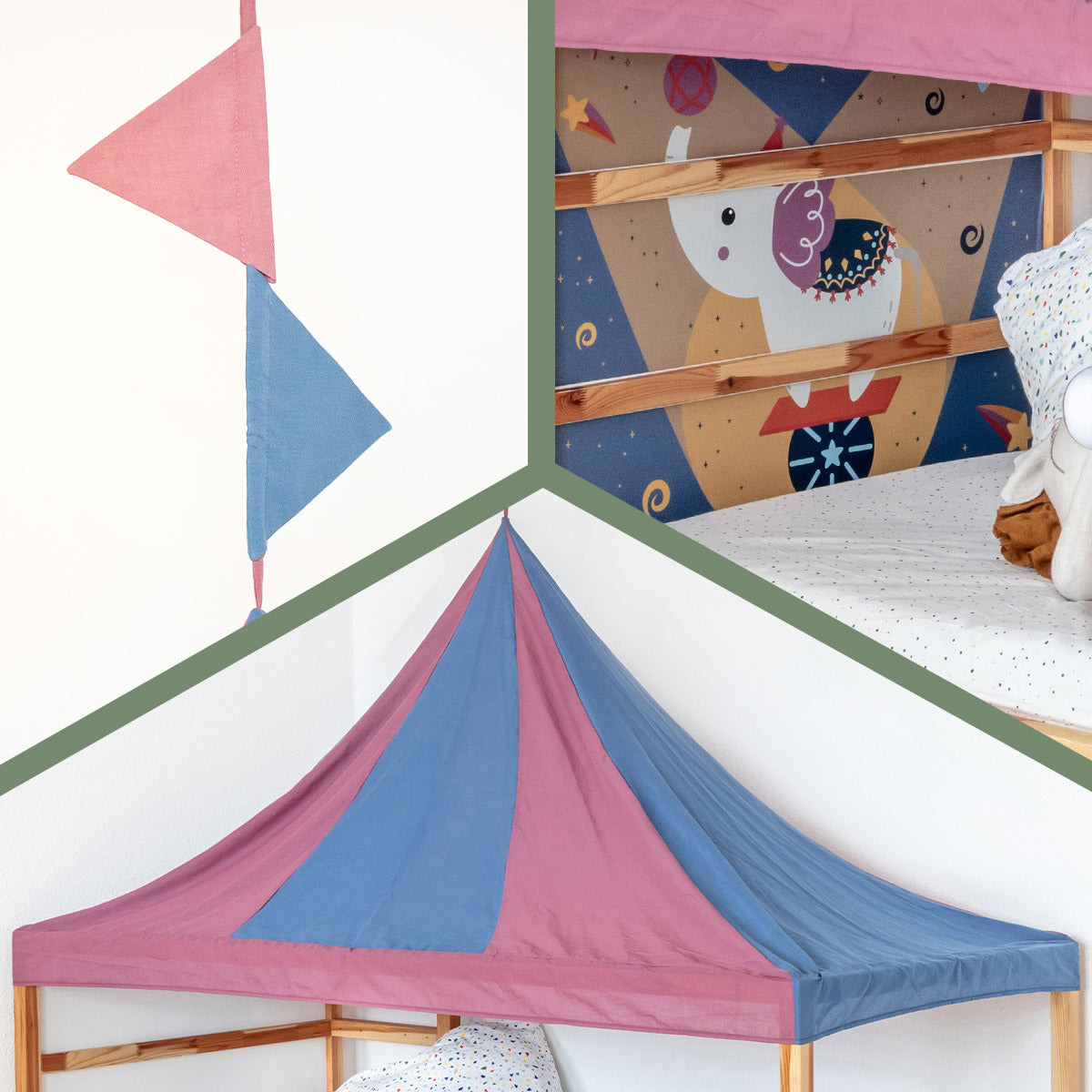 Detailansicht Zirkus Betthimmel Set mit Wimpel im Retrolook und Zirkus Stickerset für Ikea Kura Kinderbett