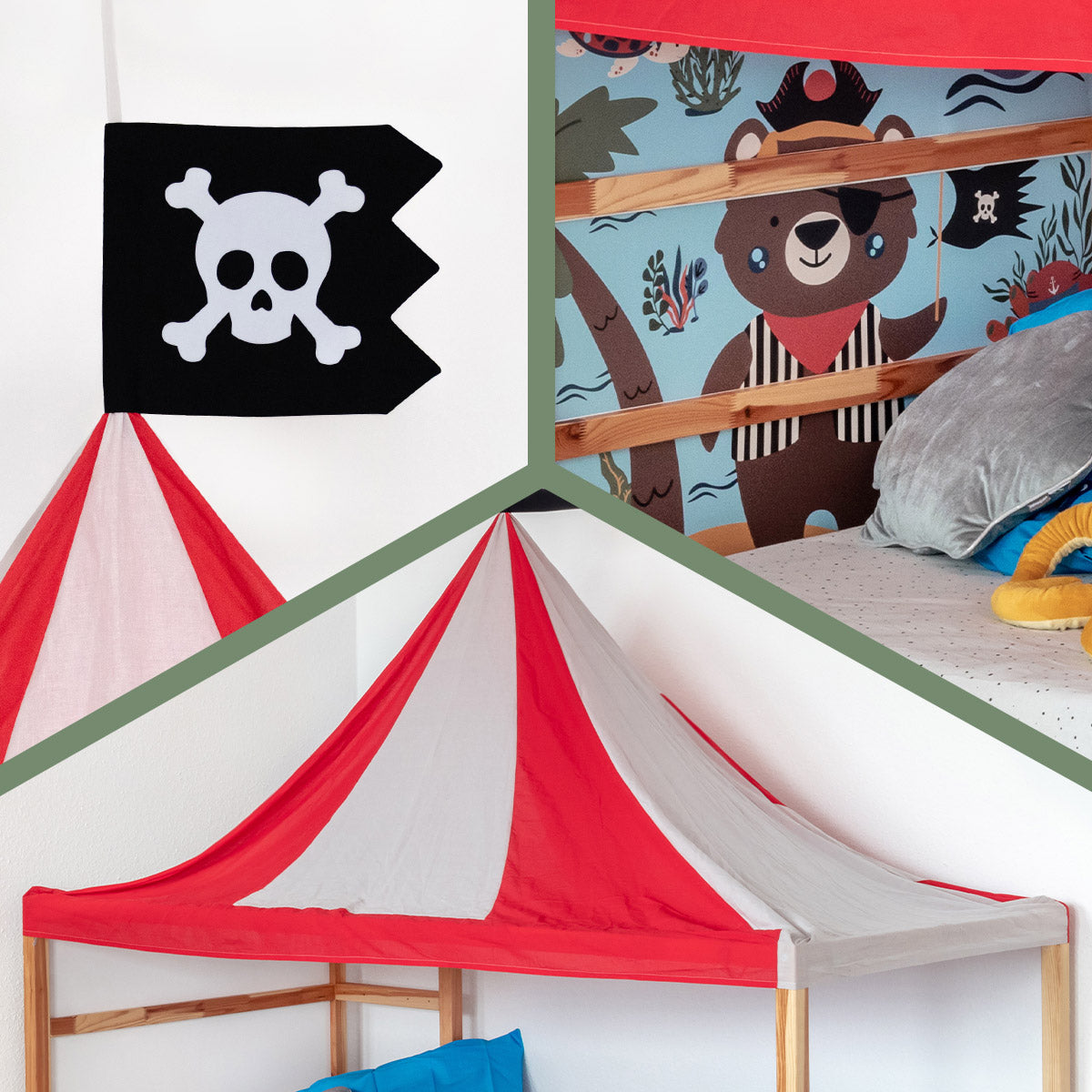 Detailansicht Pirat Betthimmel Set mit Piratenflagge und Pirat Sticker Set für Ikea Kura Kinderbett