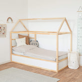 Kura Bett von Ikea als Flachbett mit Dachstuhl aus Kieferholz